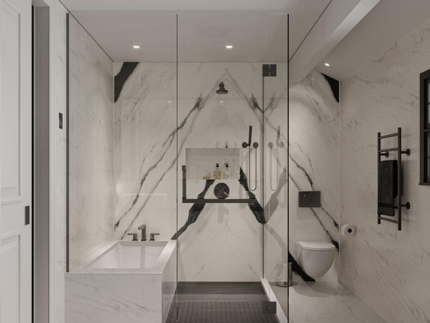 Rendu 3D d'une salle de bains : murs et sol en grands carreaux effet marbre veiné noir, douche à l'italienne et baignoire